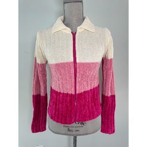 Vintage Y2K Camp Beverly Hills Pink Colorblock Chenille Zip Up Sweater Junior S